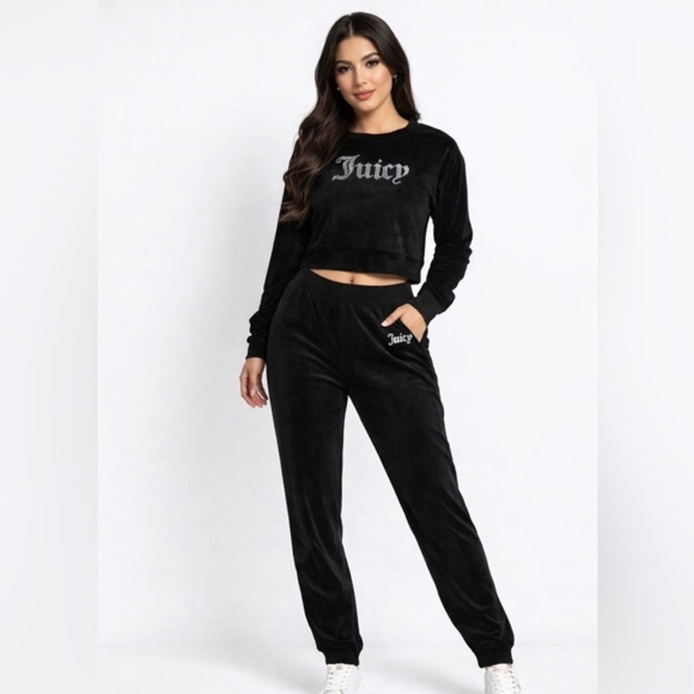 Juicy Couture Black Velour Lounge Set pullover Sweatshirt with Logo